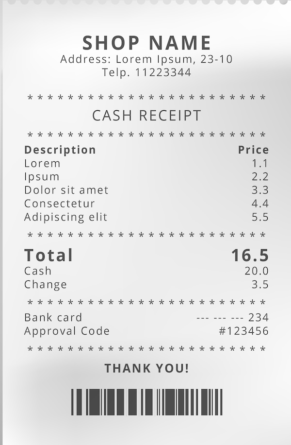 Sample receipt showing item prices, a total, cash tendered, change, and payment details