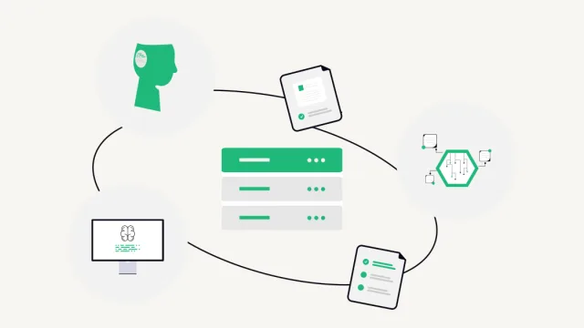 Illustration of documents and intelligent software connected through a central server