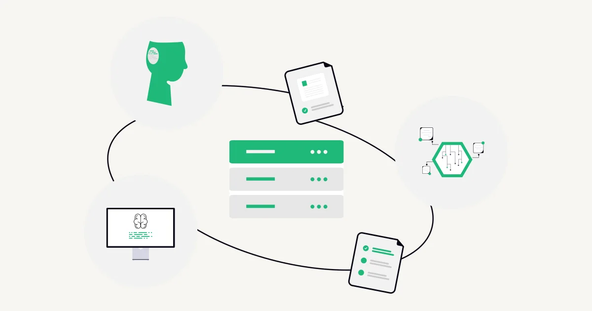Illustration of documents and intelligent software connected through a central server